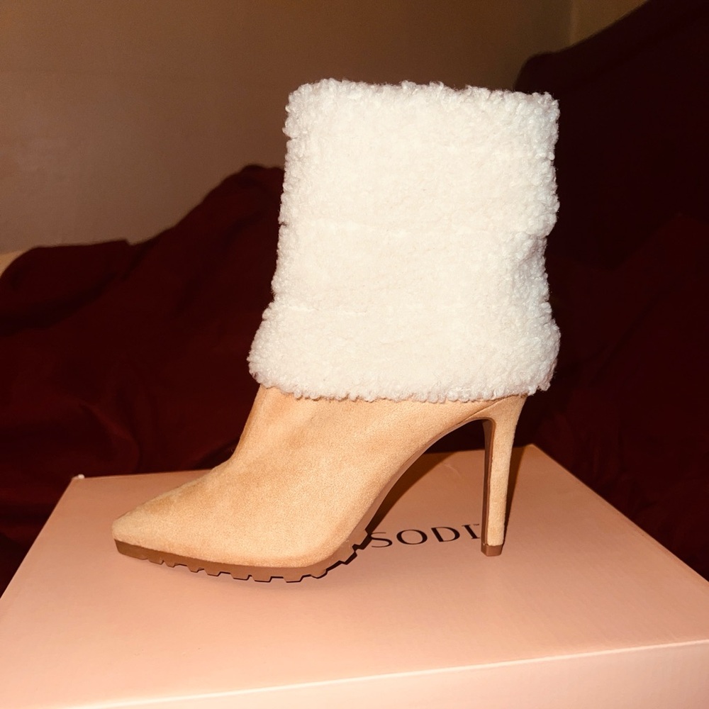 Thalia Sodi Cream and Tan Heeled Booties